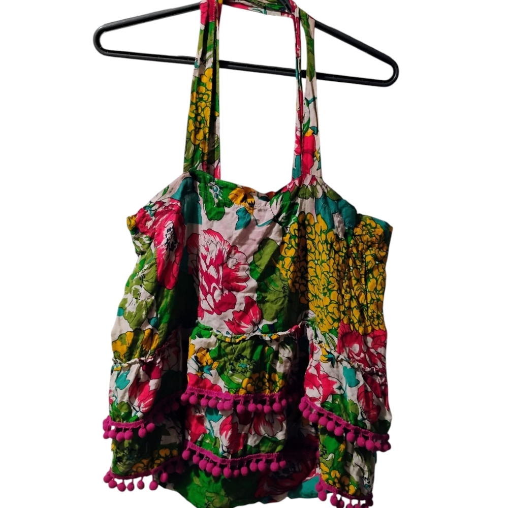 Floral Pom-Pom Tote Bag in Green, Pink & Yellow